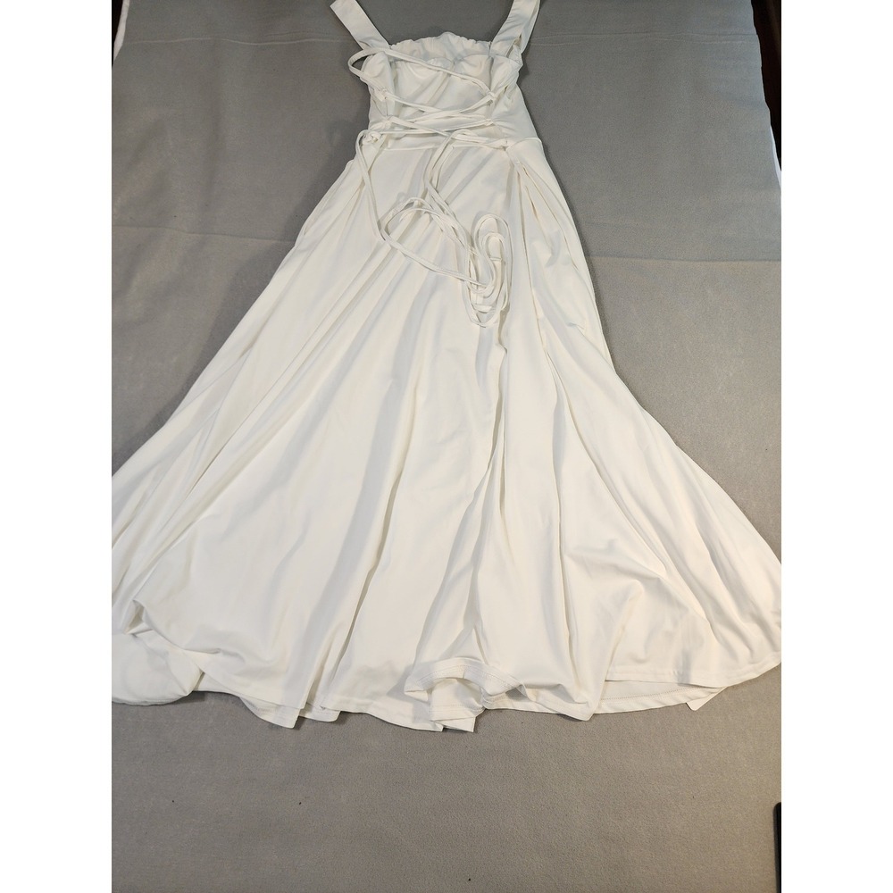 OYS Maxi Dress Womens Medium White New Lace Up Back Sweetheart Neck Full Skirt - Picture 3 of 7